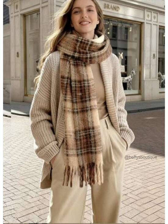 Oversized Plaid Blanket Scarf Chunky Knit Shawl Tassel Winter Wrap main image 1